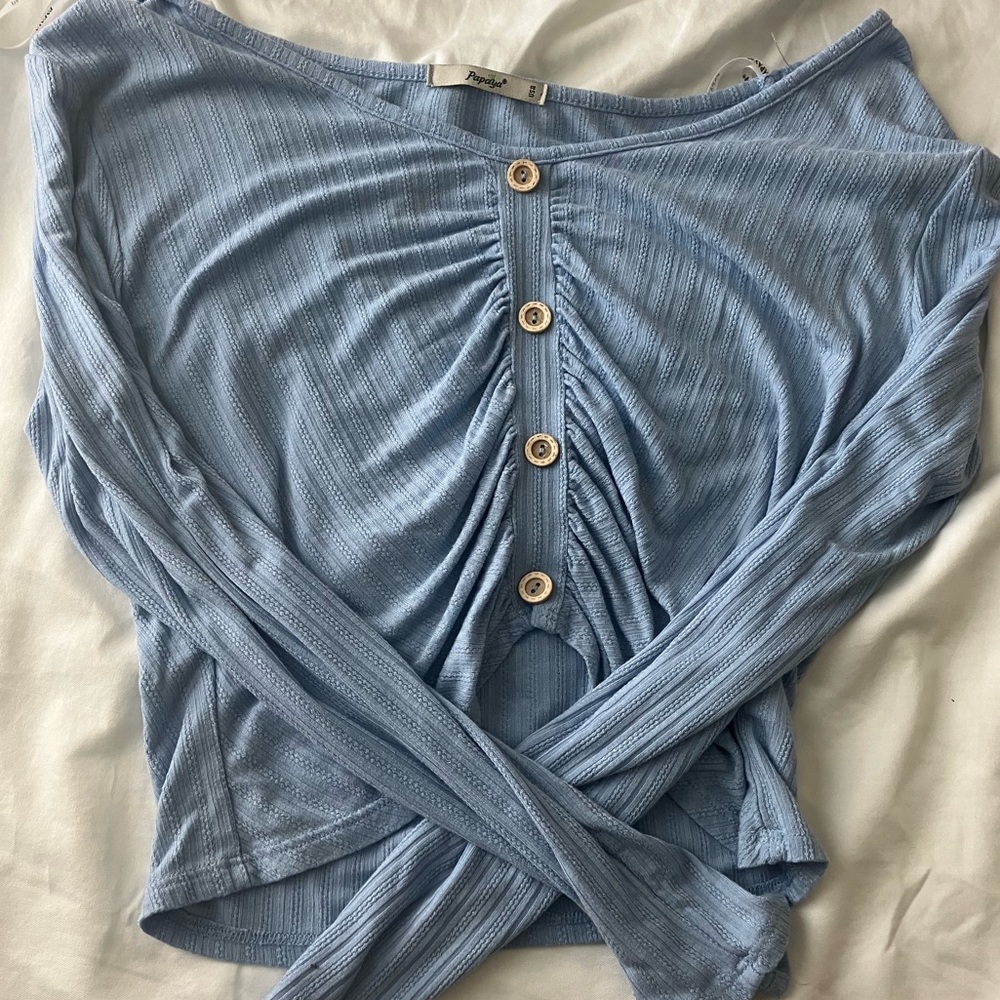 blue longsleeve crop top